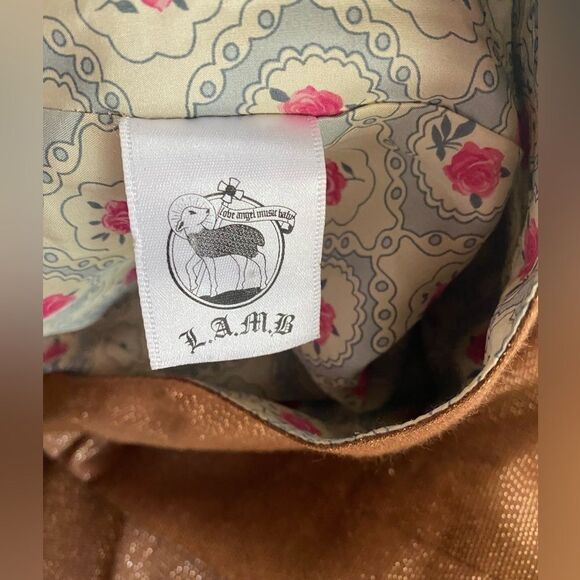 L.A.M.B. Skirt Women Sz  8  copper draped Bow Shimmer Gold Cotton Blend Straight - Picture 5 of 15